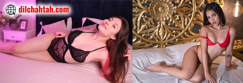 Two women posing on beds in elegant lingerie — one reclining in black lace lingerie on a pink-lit bed, and the other sitting confidently in red lingerie against a decorative golden headboard.